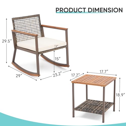 Verano Garden 3 Pieces Rocking Bistro Set, Outdoor Conversation Bistro Chairs and Table Set with Wood Armrest and Soft Cushions, Small Porch Set Balcony Set for Garden, Patio, Yard Verano Garden