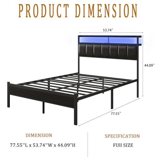 Full Size Bed Frame with Charging Station and LED Lights, Black Upholstered Headboard with 2-Tier Storage Shelves, Metal Bed Frame with Headboard, No Box Spring Needed, Easy Assembly,Black CollaredEagle