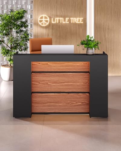LITTLE TREE 63 Inches Reception Desk, Modern Reception Table with LED Light, Front Counter Desk, Wooden Checkout Counter for Lobbies, Salons, Retail, Home Offices, Reception Room, Black & Brown LITTLE TREE