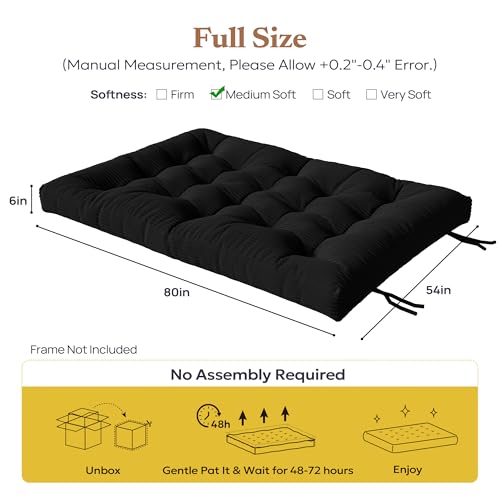 Furnify 6" Futon Mattress Full Size, Futons Sofa Couch Bed with Straps, Corduroy Fabric Floor Mattress for Adults, Foldable Mattress with Shredded Foam Filling (Frame Not Included), Black Furnify