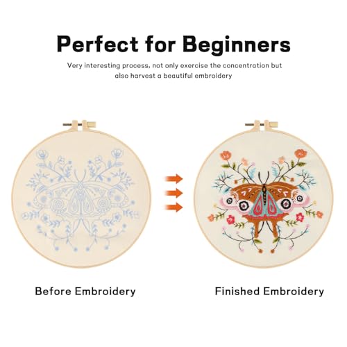 JOINRUN Embroidery Starter Kit for Beginners Adults: DIY Butterfly Cross Stitch Kit for Craft Lover Learn Hand Stitch, Includes Stamped Pattern,Hoop, Easy to Follow Instruction and Video