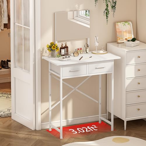Jakyitvi Small Vanity Desk with Mirror and Drawers, White Makeup Vanity Table with Storage, Compact Vanity for Bedroom, Modern Makeup Desk for Girls, Space-Saving Vanity Table Jakyitvi