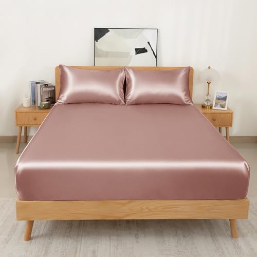 NSGZ 2 Pcs Satin Fitted Sheet and Pillowcase Set, Twin Silky Bottom Bedsheet Fit up to 15 Inch Deep Pocket Mattress, Champagne Soft Satin Bedding Includes 1 Fitted Sheet and 1 Pillowcases NSGZ