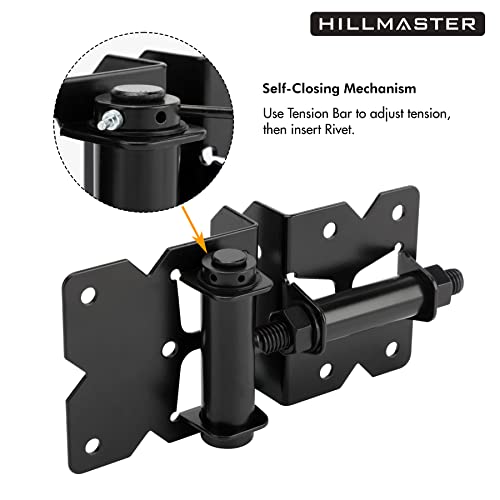 2 Pack Self Closing Gate Hinges for Wooden Fences Heavy Duty Solid Vinyl Fence Gate Closer Hinges with 22 Screws Swing Adjuster Tool 90 Degree Tension Boerboel Gate Hardware Kit Black Finish HILLMASTER