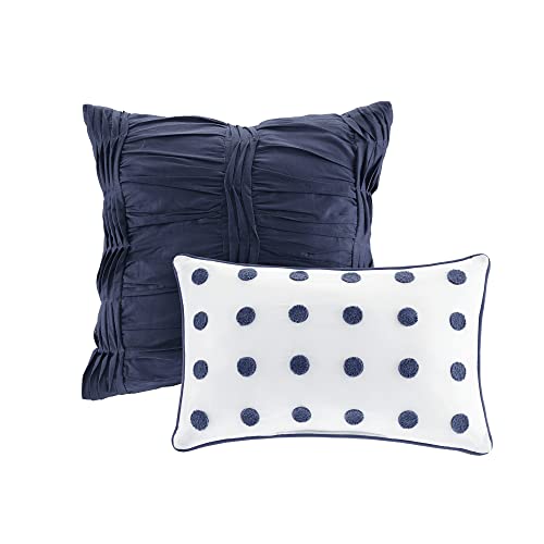 Intelligent Design Duvet Set 100% Cotton Jacquard, Tufts Accent, Shabby Chic All Season Cover for Comforter, Matching Shams, Decorative Pillows, Full/Queen (88 in x 92 in), Navy 7 Piece Intelligent Design