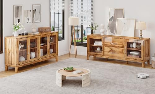 LUXOAK 63'' Modern Wood TV Stand for 70+ Inch TV, Mid Century High Gloss Entertainment Center with Glass Doors & Adjustable Shelf, Console Table with Storage Drawer for Living Room, Yellow Oak LUXOAK