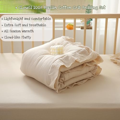 CLoucl Muslin Cotton 3-Piece Crib Bedding Set for Girls Boys,Ultra Breathable Soft Crib Comforter Set with Cute Ruffled Down Alternative Crib Comforter, Fitted Sheet, Pillowcase, All Season (Beige) CLoucl