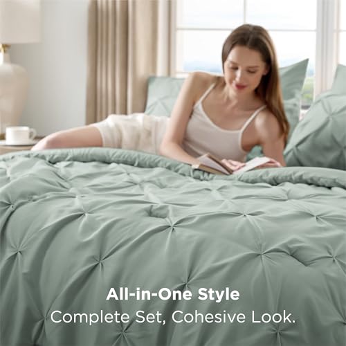 Bedsure Queen Comforter Set Sage Green - Bed in a Bag Queen Size Bedding 7 Pieces, GentleSoft™ Pintuck Bed Set Gift for Family, Pinch Pleat All Season Comforter with Sheets, Pillowcases & Shams Bedsure