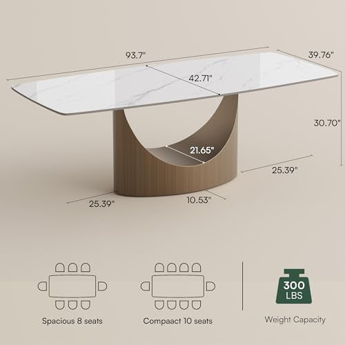 POVISON 94" Modern Dining Table for 8-10, Hobart Matte White Dining Room Table, Sintered Stone Tabletop with Bronze Carbon Steel Pedestal, 94 inch Rectangle Dining Table (Table Only) POVISON