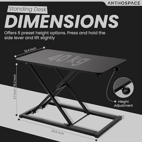 ANTHOSPACE Standing Desk Converter 23.6" x 13.4", Adjustable Height 2.4"β15.7", Sit Stand Converter with Sturdy Steel Frame, Ergonomic Standing Desk Topper & Monitor or Laptop Riser for Home Office ANTHOSPACE