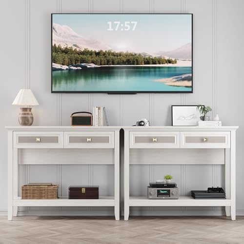 RoyalCraft Console Table with Drawers, Small Rattan Wood Entryway Table with Storage, Boho Narrow Long Sofa Table for Living Room, Hallway, Grayish White RoyalCraft