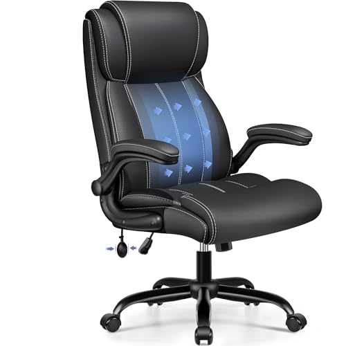 BESTFAIR Ergonomic Office Chair - Desk Computer Chair, Leather High Back Executive Chairs with Adjustable Lumbar Support & Flip Up Arms, Rocking, Black BESTFAIR