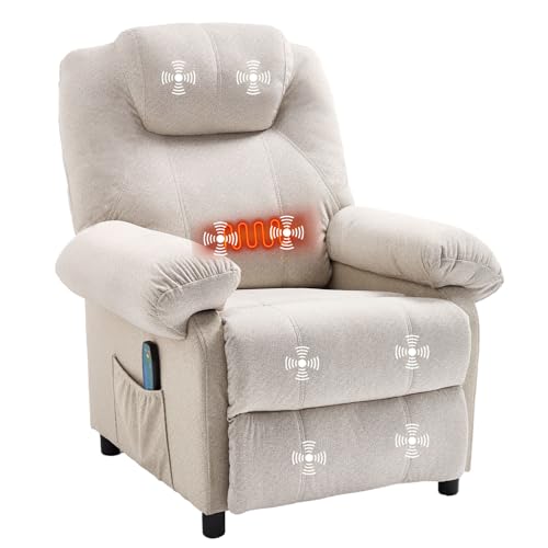 KCREAM Overstuffed Push Back Recliner Chair for Living Room, Mid Century Fabric Heated Massaging Reclining Chair Small Manual Recliner Chair with Heat and Massage, White