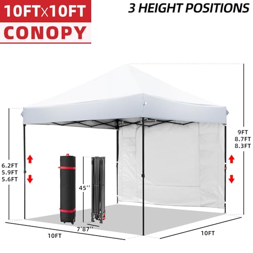 White 10x10 FT Pop Up Canopy Tent with 1 Sidewall, Heavy Duty Canopy for Outdoor, Commercial Instant Gazebos, for Party, Patio, by Kendane. Kendane