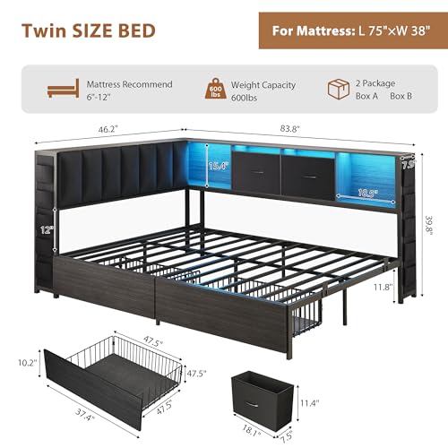 MapleGrace Twin Corner Bed Frame with Upholstered Storage Headboard and Drawers, Metal Platform Bed Frame with LED Light and Charging Station, Twin Daybed for Living Room, Bedroom & Guest Room, Black MapleGrace