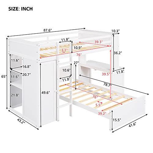 Harper & Bright Designs Twin Over Twin Bunk Bed with Desk, Storage, Solid Wood Bunk Bed with Shelves and Wardrobe, Twin Size Loft Bed with a Stand-Alone Bed for Kids Teens Adults - White Harper & Bright Designs