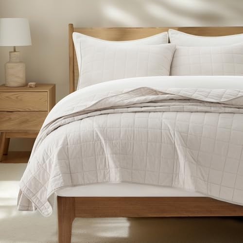 EVERGRACEHOME 100% Cotton Box Stitch Quilt Bedding Set King Size 3 Pieces, Garment-Washed Lightweight Soft Cozy Coverlet, Oversized Quilted Bedspread Sets with 2 Shams for All Season, Birch EVERGRACEHOME
