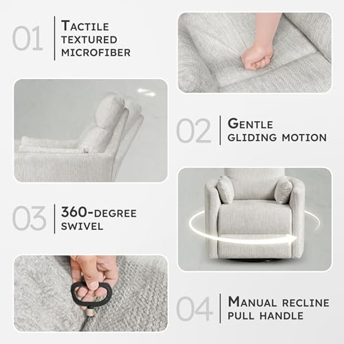 Lexicon Upholstered Swivel Recliner Chair - 360 Swivel Accent Chair Nursery Glider, Manual Recliner with Pull Handle, Microfiber, 2 Pillows, Easy Pull-Handle for Living Room/Bedroom/Apartment, Beige