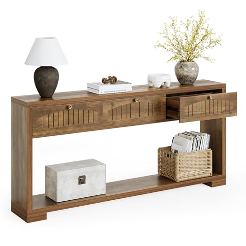 LITTLE TREE 70-Inch Console Table with 3 Drawers, Farmhouse Narrow Long Entryway Table for Behind Couch, Hallway, Sofa, Entry, Entrance, Living Room, Foyer with 2-Tier Open Shelves, Rustic Brown LITTLE TREE