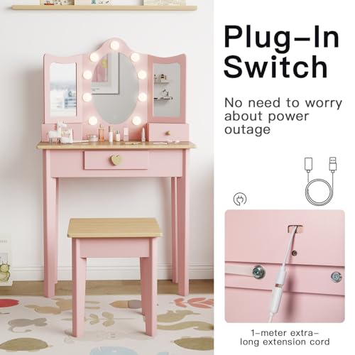 labebe Kids Vanity, Girls Vanity Desk with LED Changing Lights, Pretend Play Princess Vanity Set, Wooden Toddler Makeup Desk Dressing Table with Drawer and Chair (Pink) labebe