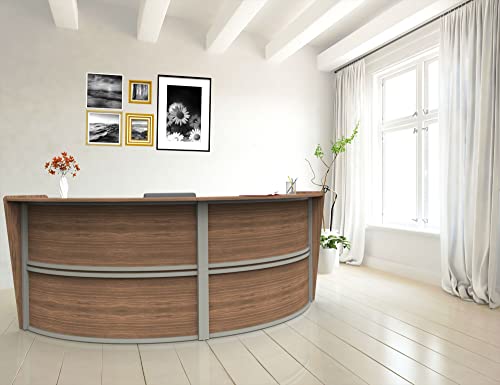 Linea Italia Curved Modern Office Desk Easy to Assembly 2 Panel Reception Counter for Lobby, Salon, 124" x 49", Walnut Linea Italia