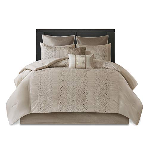 Madison Park Camelia Cozy Comforter Set-Trendy Design All Season Down Alternative Luxury Bedding with Matching Shams, Decorative Pillows, California King (104 in x 92 in), Natural 8 Piece Madison Park