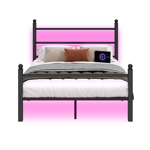 CLIBFENG Queen Bed Frame with Headboard and Footboard,Steel Slats Support-LED Bed Frame with USB Charging Station,Mattress Foundation-Under Bed Storage,No Box Spring Needed,Noise Free,Black CLIBFENG