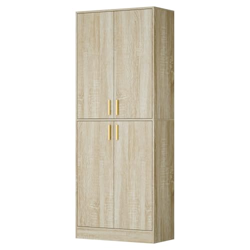 Cozy Castle Kitchen Pantry Cabinet, 71" Tall Wood Storage Cabinet with Doors and Shelves 4 Doors Freestanding Cupboard for Dining Room Living Room Bathroom Furniture, Whitewashed Oak Cozy Castle