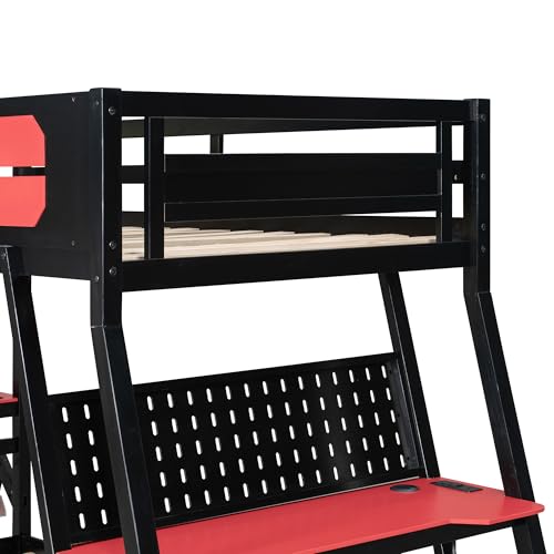 NCKMYB Bunk Bed with 2 Built-in Gaming Desks, Features USB Ports, Desktop Pegboards & Shelves, Space-Saving Loft Frame for Gaming Rooms & Small Spaces (Red+Bunk+Twin) NCKMYB