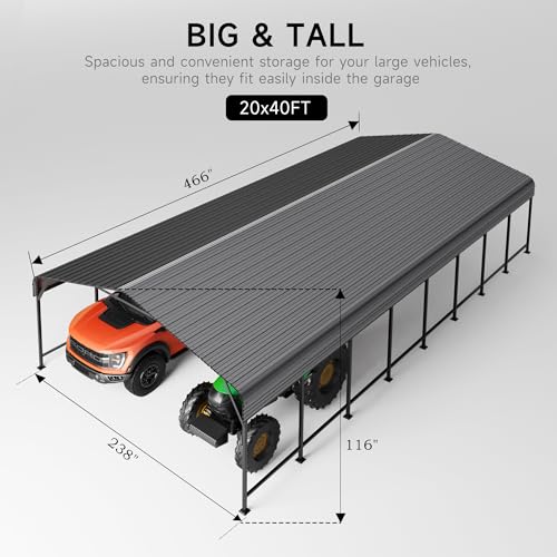 20x40 FT Metal Carport, Enhanced Base and Steel Roof for All-Weather Use, Outdoor Heavy Duty Garage Galvanized Car Shelter for Bass Boats, Full-Sized Pickup Trucks, and Tractors EASYHAWK