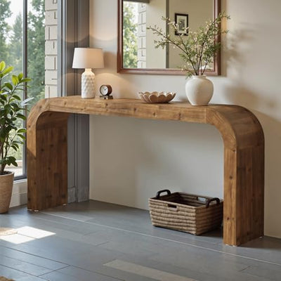 TRIBEWOOD Solid Wood Console Table, 70.87-Inch Farmhouse Sofa Table with Waterfall Curved Corners for Hallway, Living Room, Behind Couch, Entrance (Natural Wood)