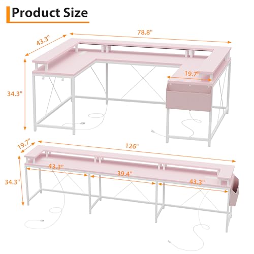 FinerFurnis U-Shaped Gaming Desk with Power Outlets & LED Lights - Reversible L-Shaped Computer Desk for Home Office | Large Corner PC Table with Monitor Stand & Storage Shelves, Pink FinerFurnis