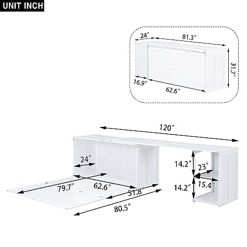 RuiSiSi Queen Murphy Bed Wall Bed with Rotable Desk, Foldable Platform Bed Frame with Storage, for Home Office Small Room, White RuiSiSi