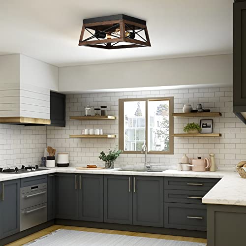 DEWENWILS Farmhouse Ceiling Light Fixture, Metal Flush Mount Ceiling Light with Wood Grain Finish, 2-Lights Ceiling Lamp for for Hallway, Entryway, Kitchen, Foyer DEWENWILS