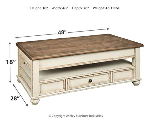 Signature Design by Ashley Realyn Vintage Farmhouse Rectangular Lift Top Coffee Table with Storage Drawer, White & Brown Signature Design by Ashley
