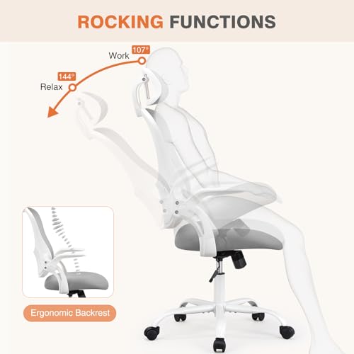 Sweetcrispy Home Office Desk Chair, Ergonomic High-Back Mesh Rolling Work Computer Chairs with Wheels and Adjustable Headrests, Comfortable Lumbar Support, Comfy Flip-up Arms for Bedroom, Study, Grey Sweetcrispy