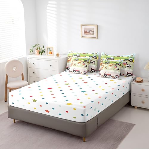 Tractor 7 Piece Bedding Sets Boys Queen, Toddler Kids Cute Cartoon Farm Animals Comforter Set & Sheets Set Farmhouse Bed Set with Comforter, Sheet Set, Pillowcases & Pillow Covers - Soft Breathable Feelyou