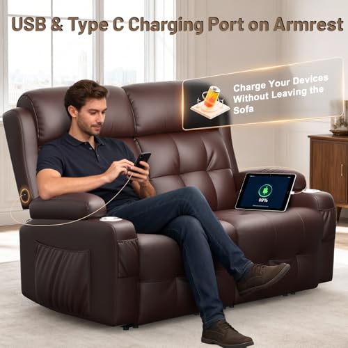 Furgatti Reclining Loveseat, 55.1" RV PU Leather Wall Hugger Recliner Love Seats Sofa with USB-A/Type C Charging Station, Cup Holder, Double Recliners Couch, Manual Love Seat for RV & Gaming Room