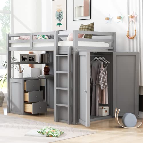Harper & Bright Designs Twin Size Loft Bed with Desk and Storage Drawers, Wooden Kids Loft Bed Frame with Wardrobe, Grey Harper & Bright Designs
