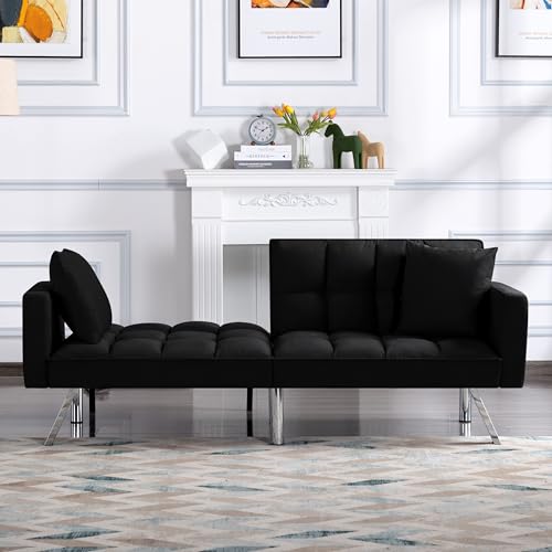 74" Futon Sofa Bed,Convertible Sleeper Couch with Adjustable Backrest and Pillows, Comfy Velvet Cloud Sofa Loveseat,Modern Loveseat for Living Room and Bedroom(Black) Jum Blueemo