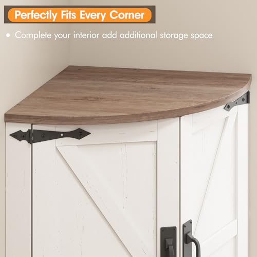 Vabches 64.8" Tall Farmhouse Corner Cabinet with 4 Doors and 5 Storage Shelves, Farmhouse Storage Cabinet with Barn Door Design, Home Space Saver for Living Room, Kitchen, Laundry Room,White Vabches