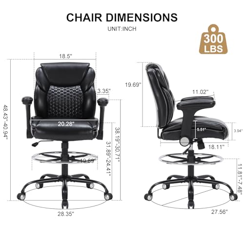 OLYFING Drafting Chair, Tall Office Chair with Adjustable Armrests PU Leather Standing Desk Chair with Adjustable Foot Ring,Comfy Mid-Back High Office Chair for Counter Height Desk, Black OLYFING