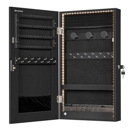 SONGMICS Mirror Jewelry Cabinet Armoire with Built-in LED Lights, Wall or Door Mounted Jewelry Storage Organizer, 3.8 x 14.6 x 26.4 Inches Hanging Mirror Cabinet, Gift Idea, Black UJJC050B01 SONGMICS
