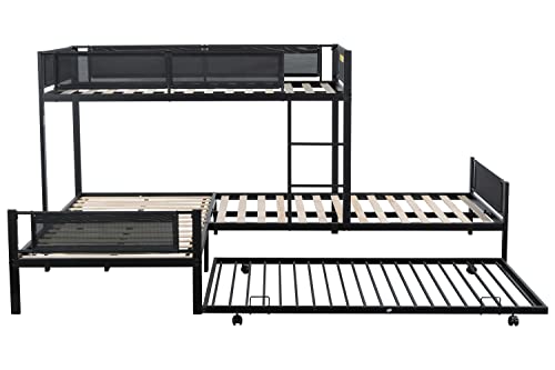 PVWIIK L-Shape Metal Triple Bunk Bed with Trundle 4 Kids,Teens,Adults Bedroom,Metal Bunk Bed with Guardrail & Ladder, No Box Spring Needed,Black PVWIIK