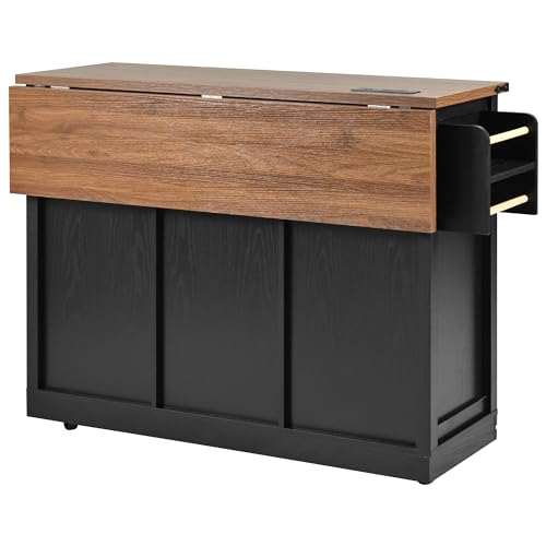 Merax 53.7" Kitchen Cart Island on Wheels with Power Outlet,Drop Leaf and 2 Sliding Barn Door,Farmhouse Wood Frame Storage Cabinet for Dining Room Merax