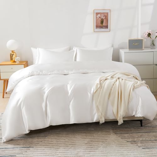 HOdo Home Satin Duvet Cover Queen Size, 3PCS Silk Like Comforter Cover, Ultra Soft and Breathable Bedding Set with Zipper Closure & Corner Ties(White) HOdo Home