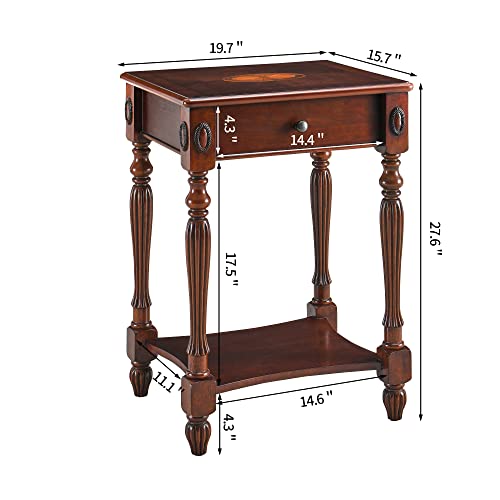 MODERION Solid Wood Side Table with Drawer and Storage Shelf, Traditional End Table, Narrow Telephone Nightstand, Carvings Elegant Vintage, for Living Room, Bedroom, Office Cherry Walnut GBJ1533WD MODERION