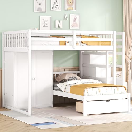 Ball & Cast Full Over Twin Bunk Bed with Safty Guardrail & Storage Stair,Wood Loft Bedframe W/Wardrobe & Drawers,Space-Saving Design,Easy Assembly,Versatile Furniture for Boy Girl Teen Bedroom,White Ball & Cast