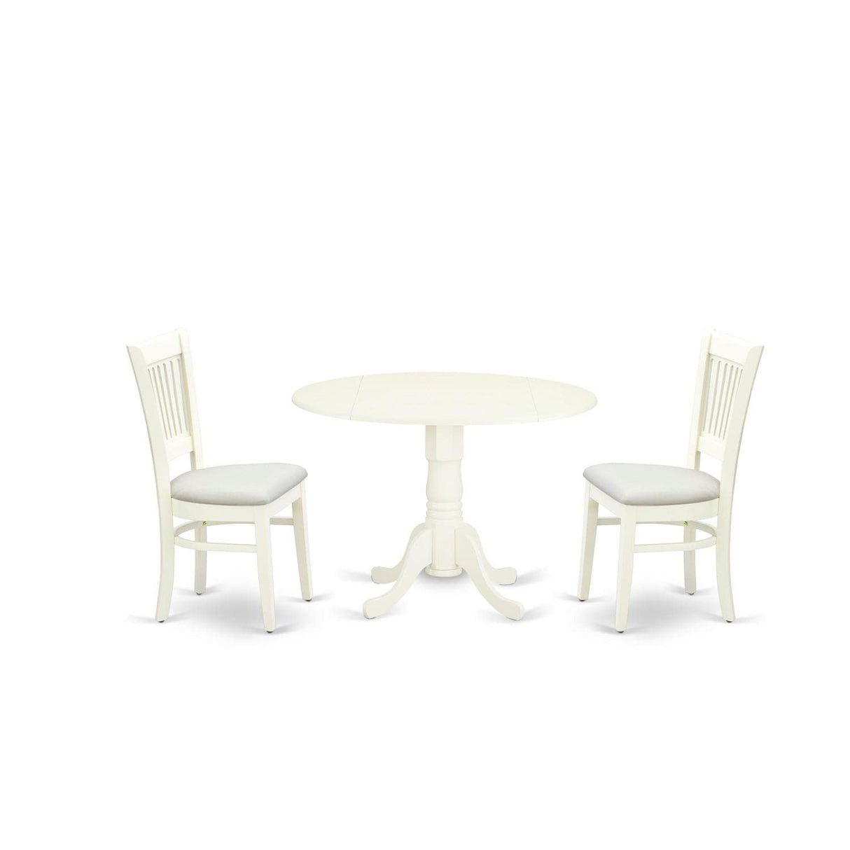 East West Furniture Dublin 3 Piece Modern Set Contains a Round Wooden Table with Dropleaf and 2 Fabric Upholstered Dining Chairs, 42x42 Inch, Linen White East West Furniture