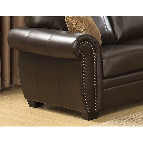 AC Pacific Louis Traditional Upholstered Leather Living Room Piece with Antique Brass Nail Head Trim, Sofa, Umber AC Pacific